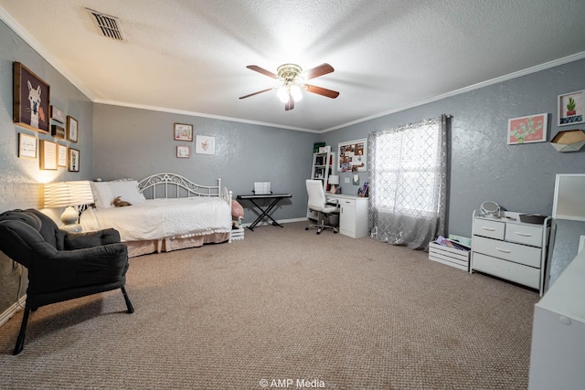 3756 County Road 192, Anson, TX 79501 - carpeted bedroom featuring visible vents, ornamental molding, and a textured wall