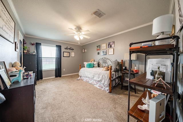 3756 County Road 192, Anson, TX 79501 - carpeted bedroom featuring ceiling fan, a textured ceiling, baseboards, visible vents, and ornamental molding