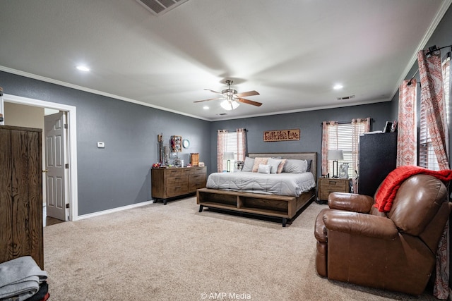 3756 County Road 192, Anson, TX 79501 - bedroom featuring crown molding, recessed lighting, carpet flooring, and visible vents