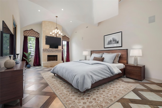 bedroom with an inviting chandelier, a fireplace, high vaulted ceiling, recessed lighting, and baseboards