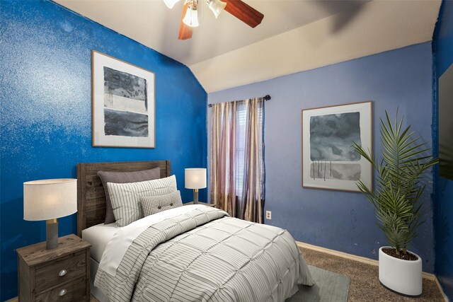 bedroom featuring carpet floors, baseboards, ceiling fan, and lofted ceiling