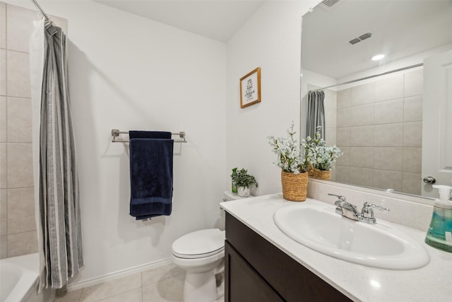 full bath featuring vanity, toilet, tile patterned floors, baseboards, and visible vents
