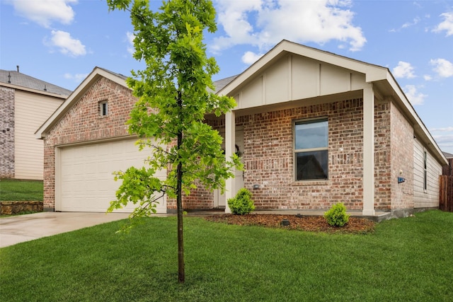 single story home with brick siding, a garage, board and batten siding, a front yard, and driveway