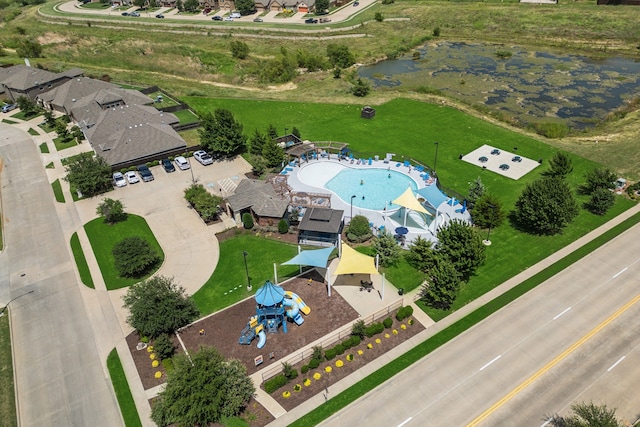 drone / aerial view with a water view