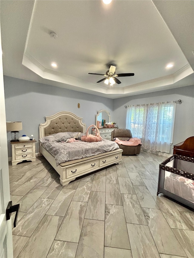 2512 Highcrest Ave, Fort Worth, TX 76111 - bedroom featuring a raised ceiling, a ceiling fan, and recessed lighting