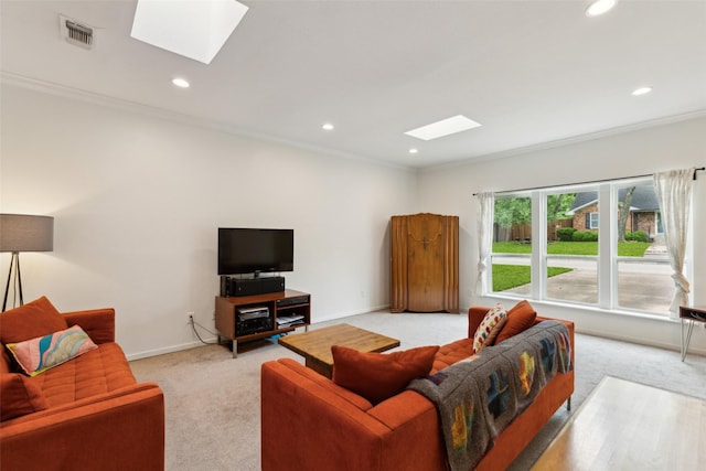 living room featuring a skylight, light carpet, and visible vents