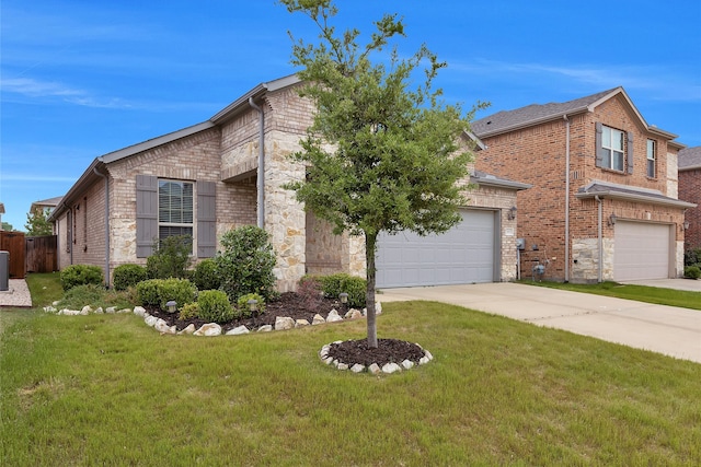 view of front of house with concrete driveway, brick siding, stone siding, and a front yard