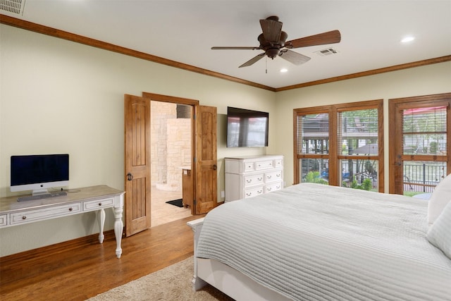 bedroom featuring visible vents, ornamental molding, wood finished floors, and recessed lighting