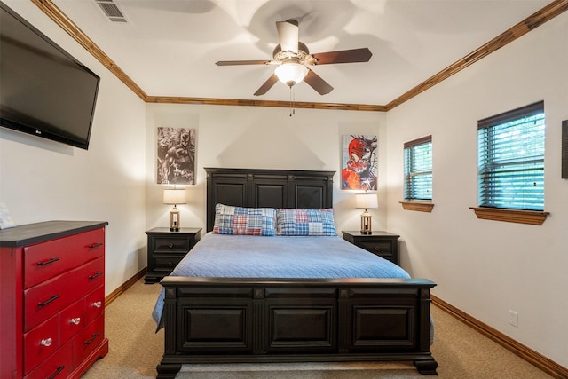 bedroom with ceiling fan, light colored carpet, baseboards, visible vents, and ornamental molding