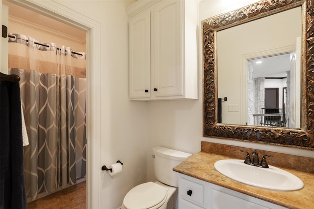 bathroom featuring vanity, curtained shower, and toilet