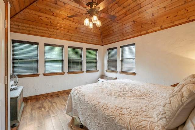 bedroom featuring wood-type flooring, multiple windows, and lofted ceiling