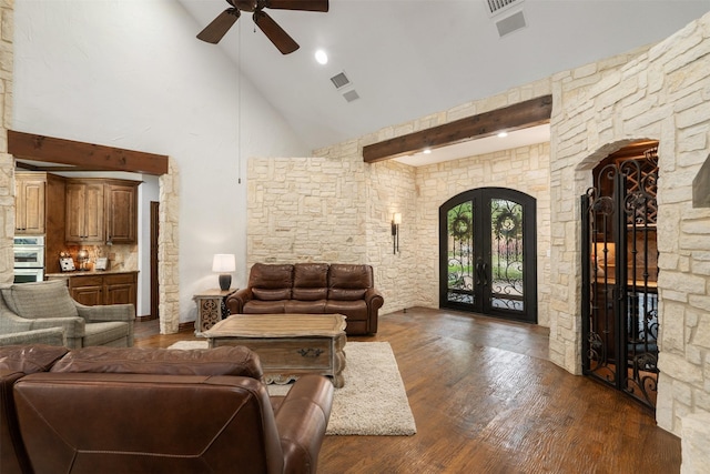 115 Saint Annes Dr, Mabank, TX 75156 - living area featuring ceiling fan, dark wood-type flooring, high vaulted ceiling, and french doors