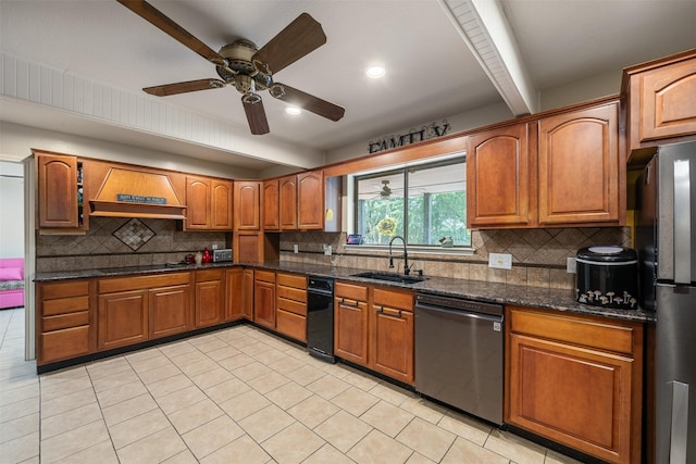 kitchen with appliances with stainless steel finishes, a sink, light tile patterned floors, beamed ceiling, and custom exhaust hood