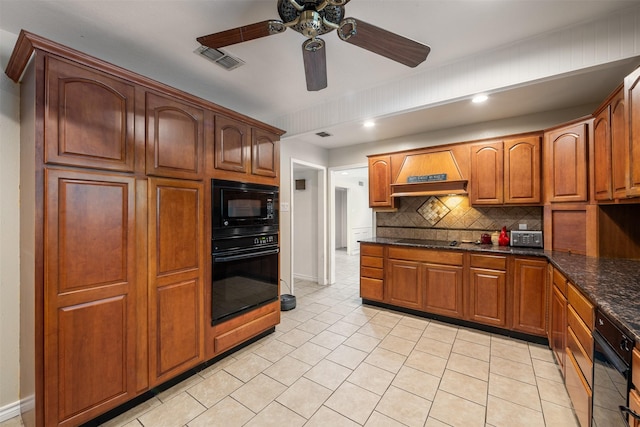 kitchen featuring visible vents, ceiling fan, custom range hood, backsplash, and black appliances