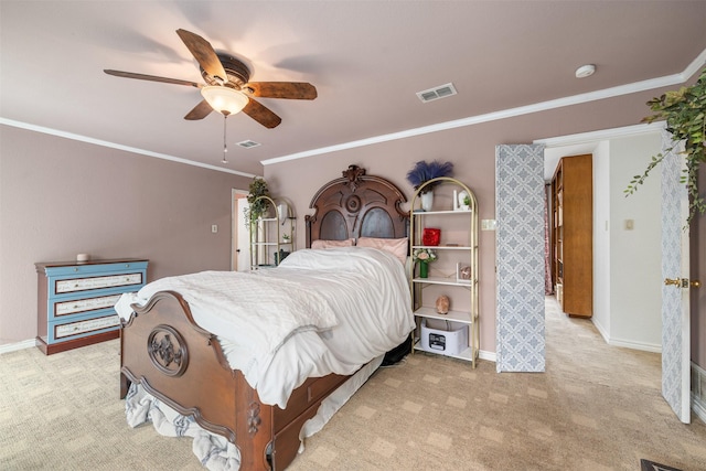 bedroom with visible vents, baseboards, crown molding, and light carpet