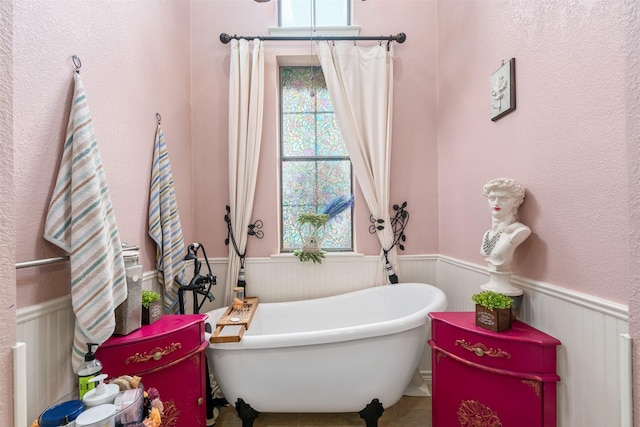 full bath with a freestanding tub, a healthy amount of sunlight, and a wainscoted wall