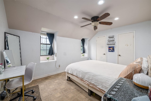 bedroom featuring a ceiling fan, baseboards, lofted ceiling, carpet, and recessed lighting