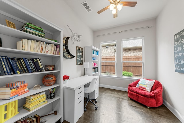 3608 Delta Dr, Mckinney, TX 75071 - office featuring dark wood-style floors, a ceiling fan, healthy amount of natural light, and baseboards