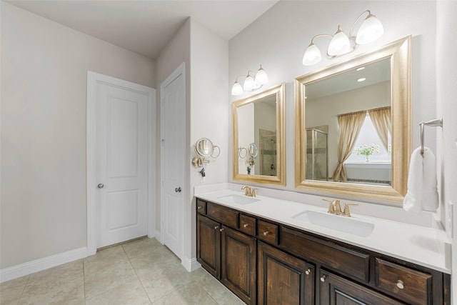 3608 Delta Dr, Mckinney, TX 75071 - full bath with baseboards, tile patterned floors, double vanity, and a shower