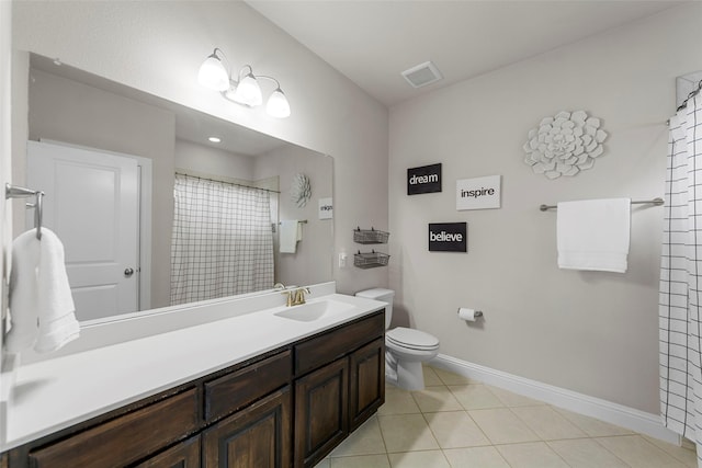 3608 Delta Dr, Mckinney, TX 75071 - bathroom featuring toilet, baseboards, vanity, tile patterned floors, and a shower with shower curtain