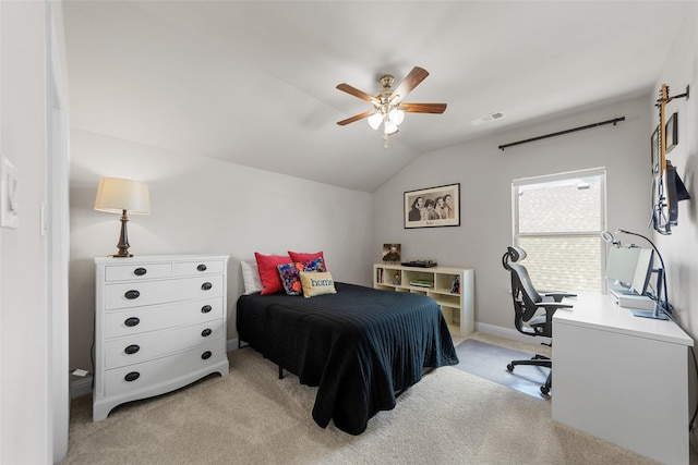 3608 Delta Dr, Mckinney, TX 75071 - bedroom with light colored carpet, lofted ceiling, an office area, ceiling fan, and baseboards