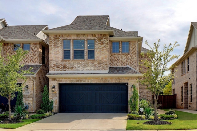 view of front facade with brick siding, a garage, roof with shingles, and driveway