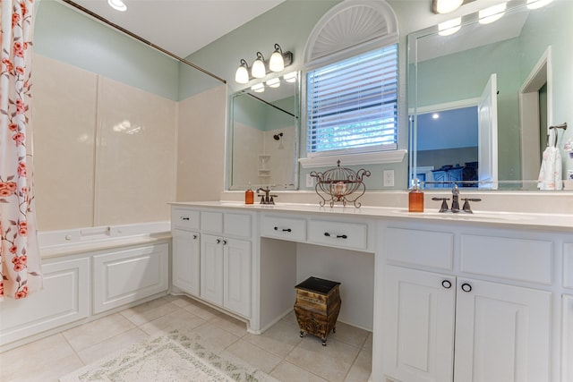 5553 Lakeshore Ct, Log Cabin, TX 75148 - full bath featuring a sink, tile patterned floors, double vanity, and shower / tub combo with curtain