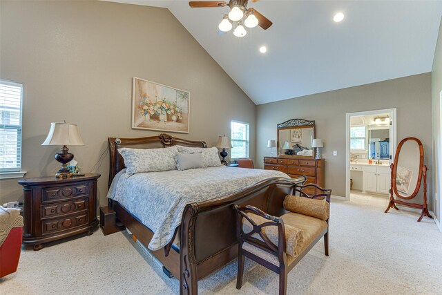 5553 Lakeshore Ct, Log Cabin, TX 75148 - bedroom with light carpet, ensuite bathroom, ceiling fan, high vaulted ceiling, and recessed lighting
