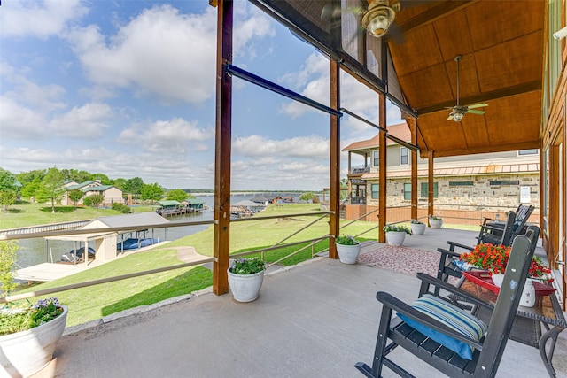 5553 Lakeshore Ct, Log Cabin, TX 75148 - sunroom featuring a water view and ceiling fan