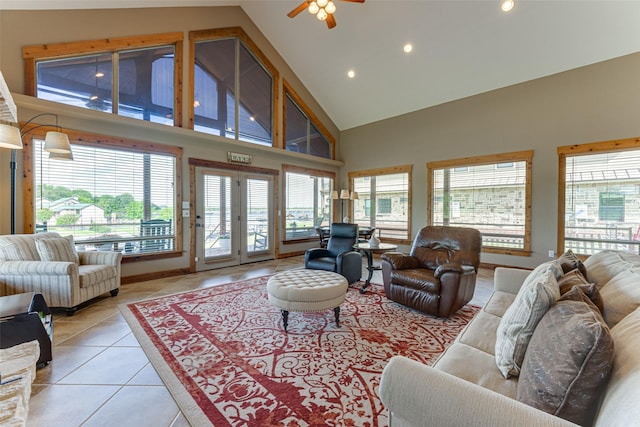 5553 Lakeshore Ct, Log Cabin, TX 75148 - living room with recessed lighting, high vaulted ceiling, ceiling fan, and light tile patterned floors