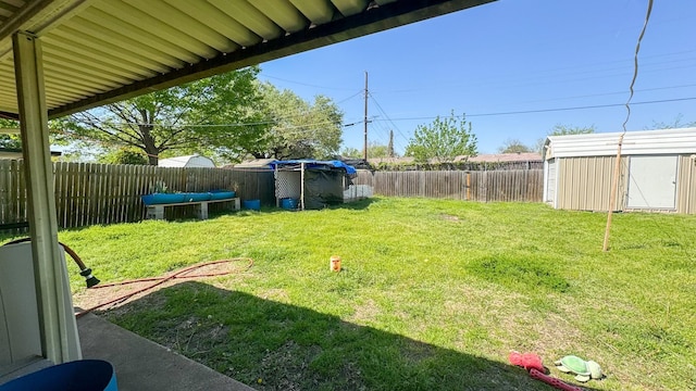 view of yard featuring a fenced backyard, a shed, and an outbuilding