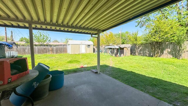 view of yard featuring a patio, a fenced backyard, a storage shed, and an outdoor structure
