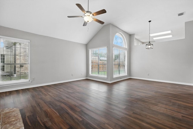 unfurnished living room featuring high vaulted ceiling, dark wood finished floors, a ceiling fan, baseboards, and visible vents
