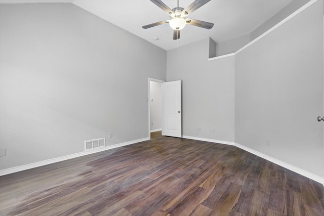 spare room featuring a ceiling fan, visible vents, wood finished floors, high vaulted ceiling, and baseboards