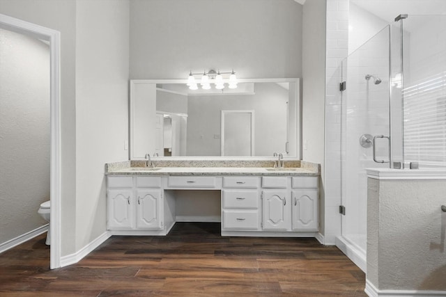 bathroom with a sink, a stall shower, and double vanity