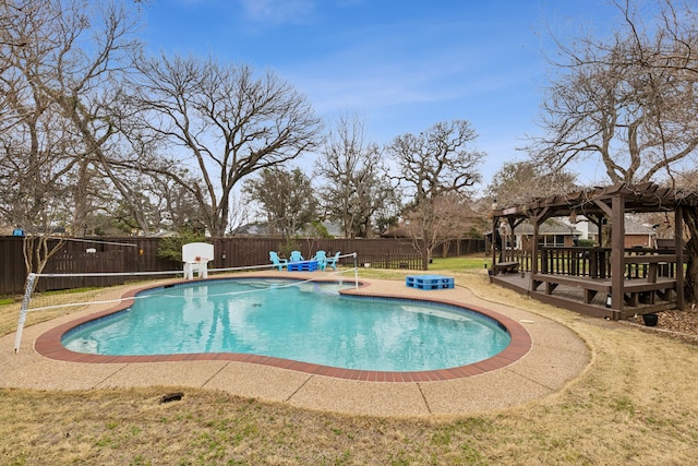 view of pool featuring a fenced in pool, a fenced backyard, a yard, and a gazebo