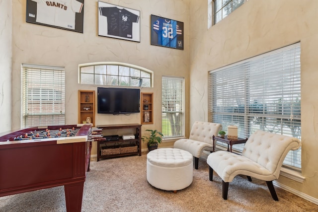 living area featuring carpet and a towering ceiling