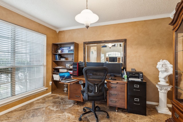 office featuring crown molding, a textured ceiling, and baseboards