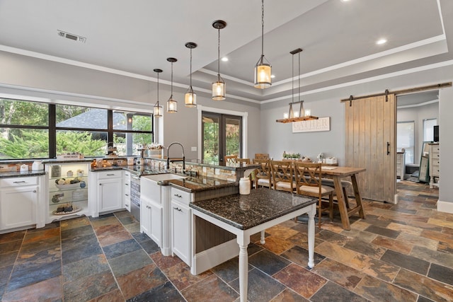 kitchen featuring visible vents, stone tile floors, a barn door, a raised ceiling, and white cabinetry