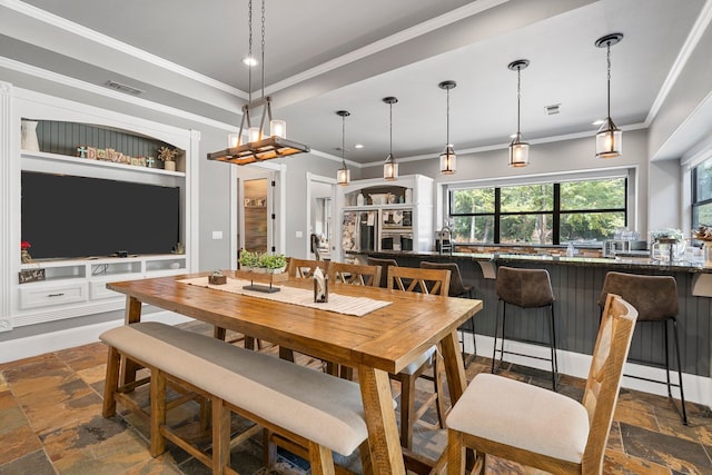dining room featuring crown molding, recessed lighting, stone tile flooring, and visible vents