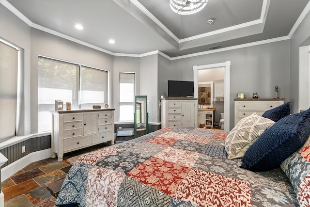 bedroom with visible vents, ornamental molding, a tray ceiling, recessed lighting, and stone tile floors