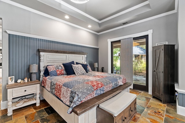 bedroom with access to outside, visible vents, ornamental molding, recessed lighting, and stone tile floors