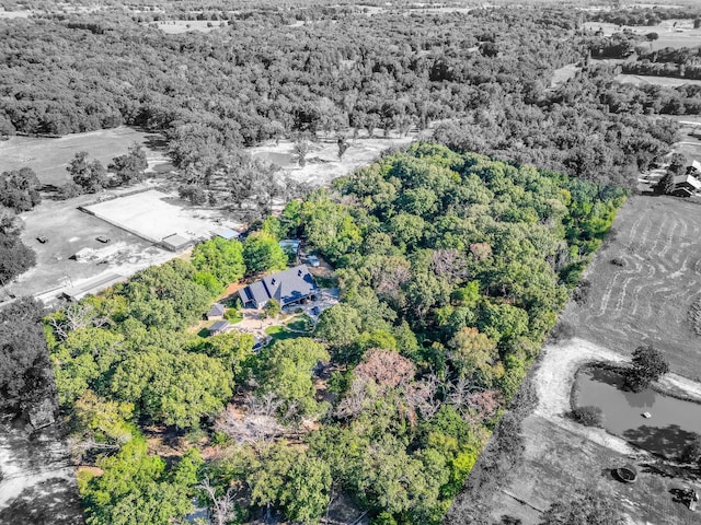 aerial view featuring a wooded view