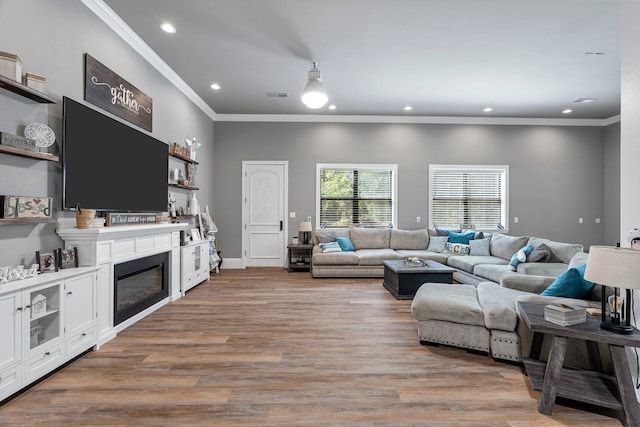 living area with crown molding, recessed lighting, visible vents, and a glass covered fireplace