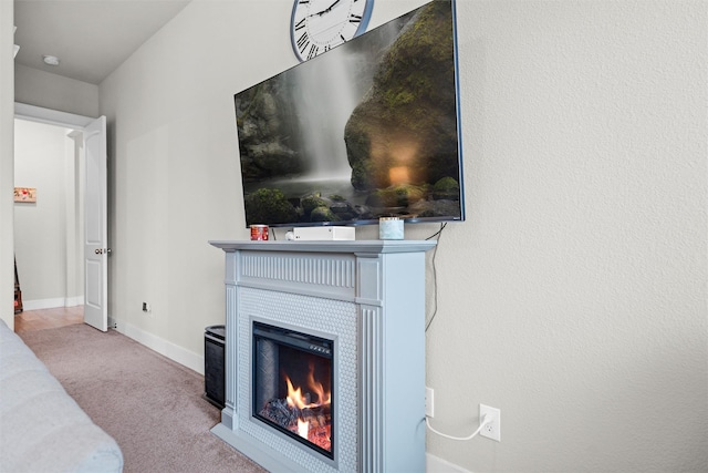 7210 Rustic Rock Rd, Arlington, TX 76001 - living room with carpet flooring, baseboards, and a tiled fireplace