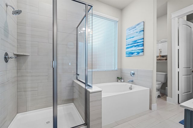 7210 Rustic Rock Rd, Arlington, TX 76001 - bathroom with toilet, tile patterned floors, a shower stall, and a bath