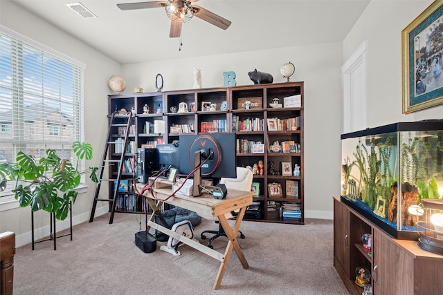 7210 Rustic Rock Rd, Arlington, TX 76001 - office area featuring visible vents, carpet, ceiling fan, and baseboards