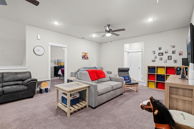 7210 Rustic Rock Rd, Arlington, TX 76001 - living area featuring visible vents, attic access, ceiling fan, and light carpet