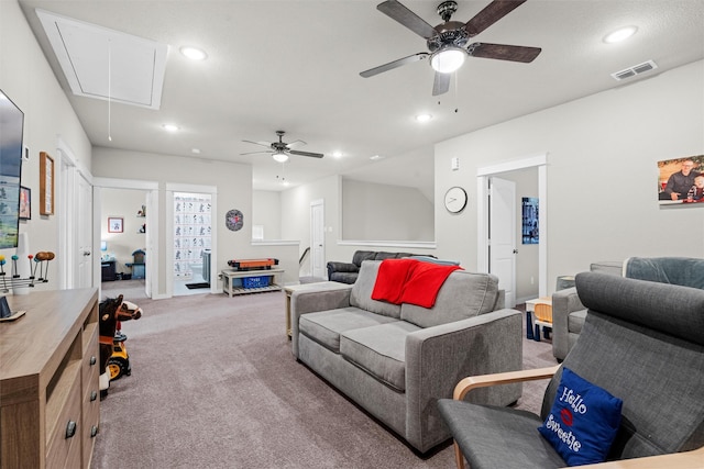 7210 Rustic Rock Rd, Arlington, TX 76001 - living room featuring carpet floors, attic access, ceiling fan, and recessed lighting