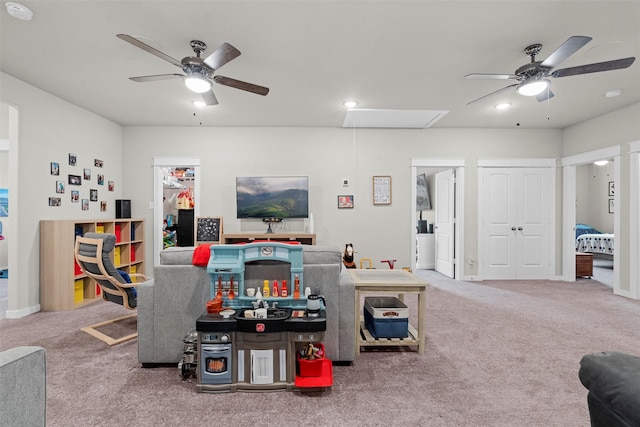 7210 Rustic Rock Rd, Arlington, TX 76001 - living room featuring carpet floors, attic access, ceiling fan, and recessed lighting